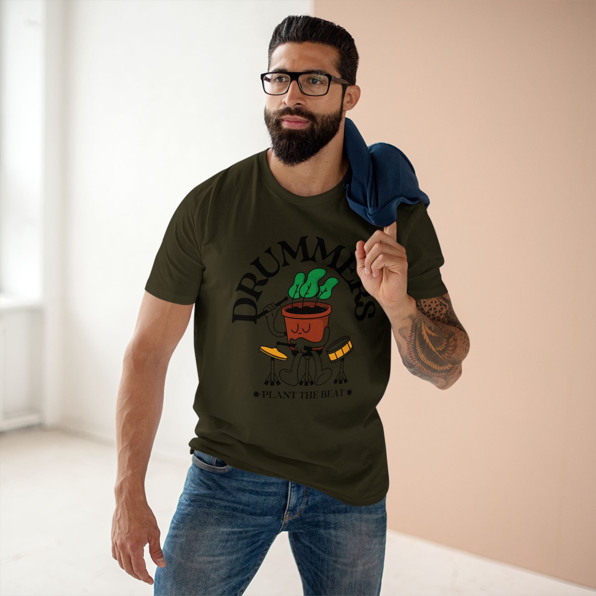 Drummers Plant The Beat - Men's Staple Tee Army Mens Premium T-Shirt Music Plants Printed in AU and US