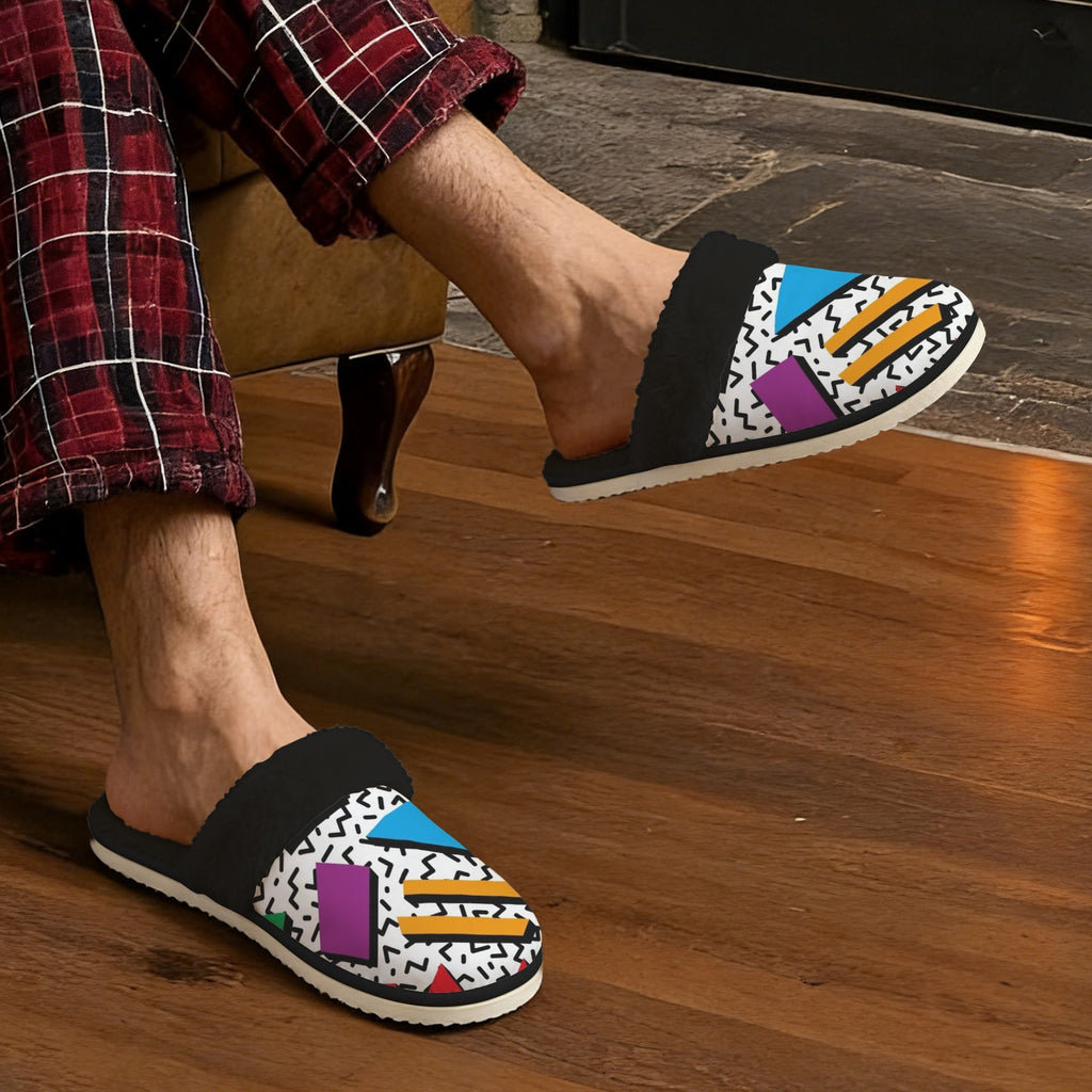 80's Abstract - Men's Fur Trim Thick-Sole Indoor Slippers Men's Fur Trimmed Slippers Printed Offshore Retro