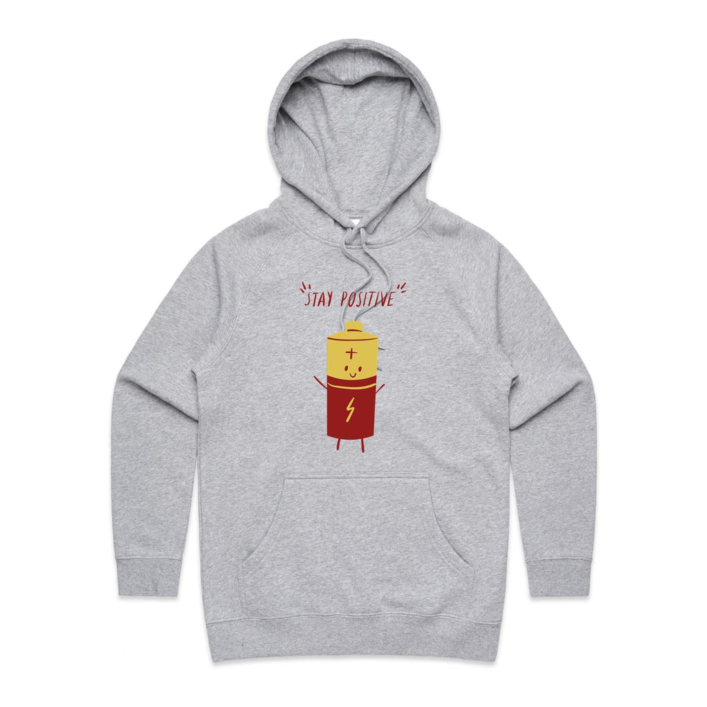 Stay Positive, Battery - Womens Hoodie Grey Marle Womens Hoodie Positivity Printed In Australia