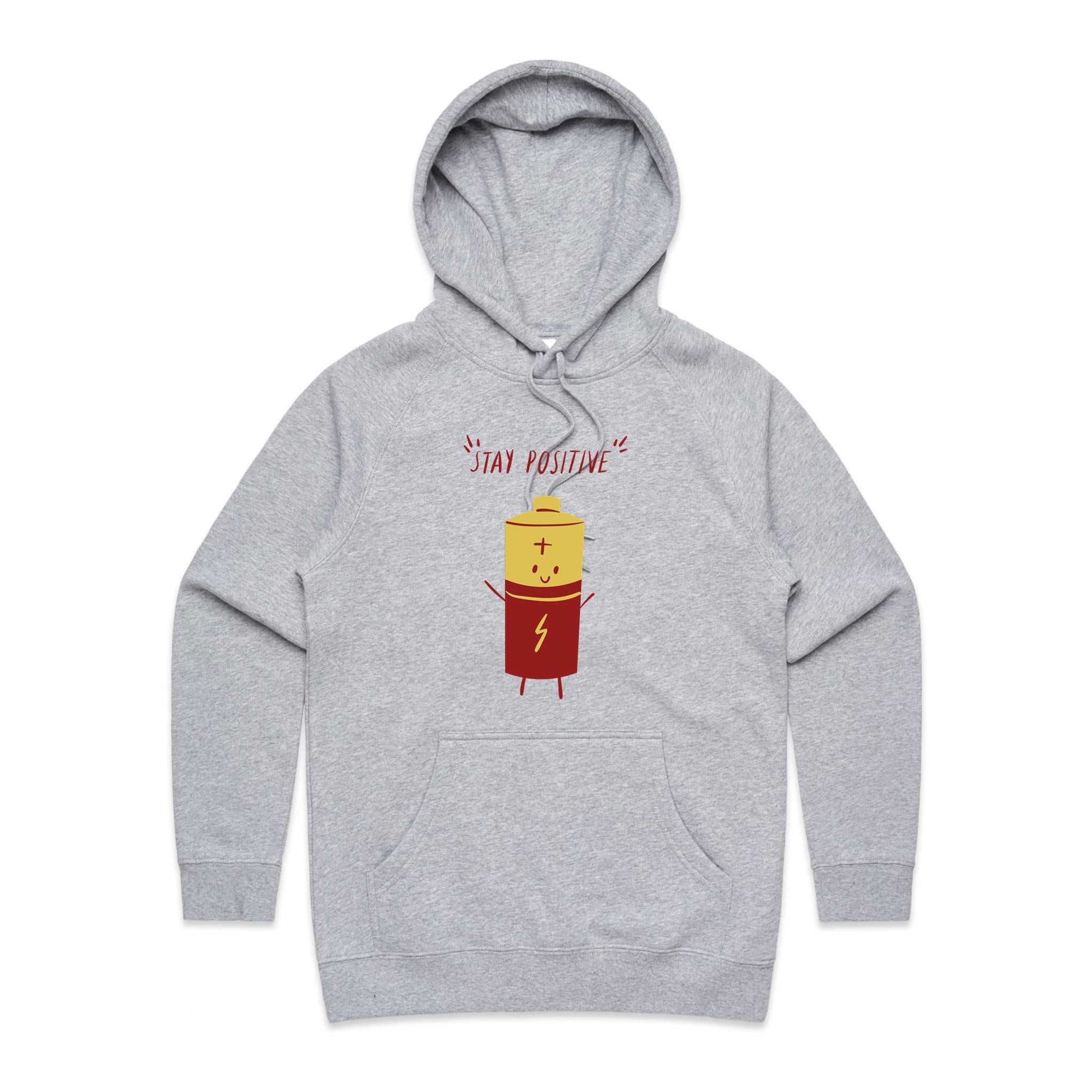 Stay Positive, Battery - Womens Hoodie Grey Marle Womens Hoodie Positivity Printed In Australia