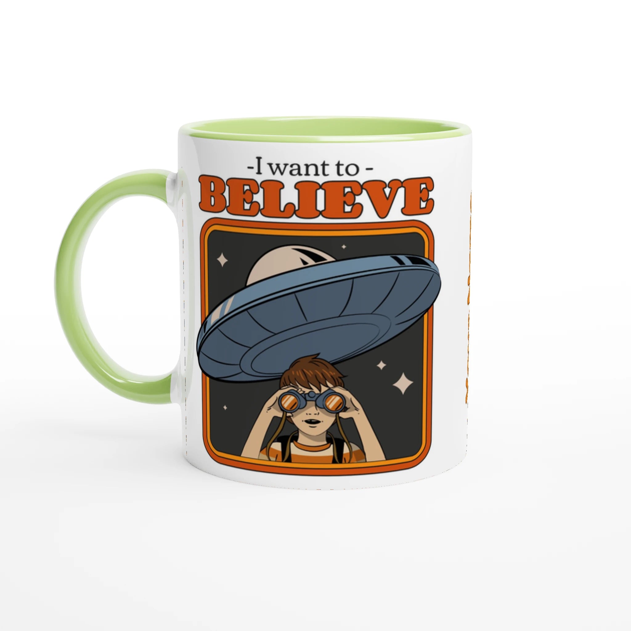 Personalise - I Want To Believe - White 11oz Ceramic Mug Ceramic Green Personalised Mug customise Globally Fulfilled personalise Sci Fi