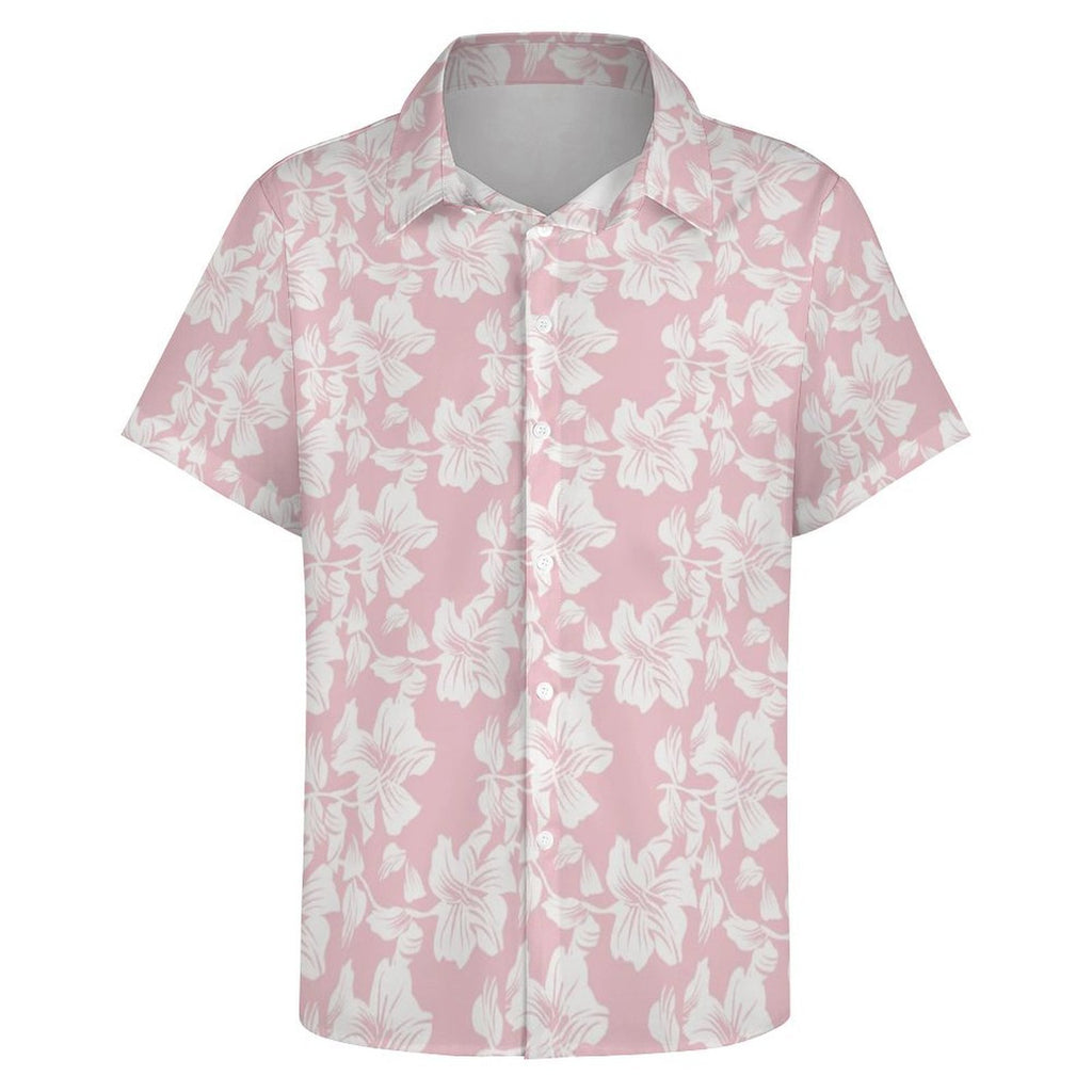 Pink Hawaiian Floral Women's Collared Pocketless Short Sleeve Shirt