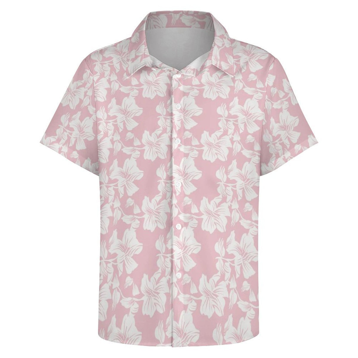 Pink Hawaiian Floral Women's Collared Pocketless Short Sleeve Shirt