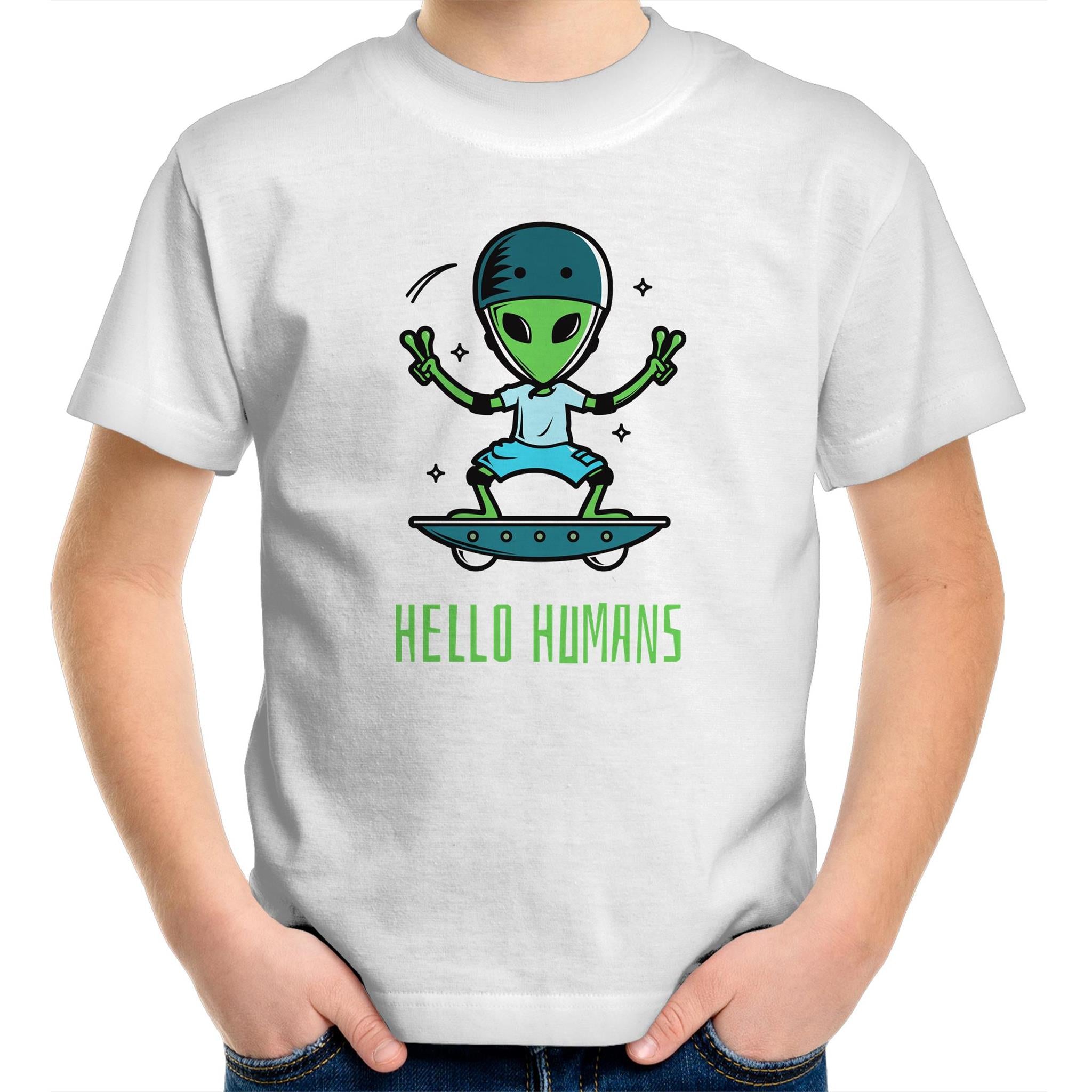 Hello Humans, Alien - Kids Youth T-Shirt White Kids Youth T-shirt Printed In Australia Sci Fi
