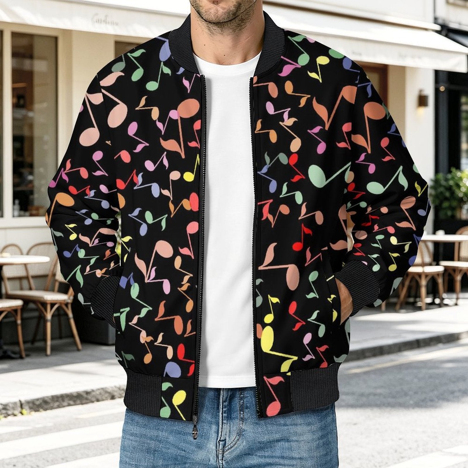 Quavers, Colourful Music Notes Men's Casual Zip‑Up Bomber Jacket