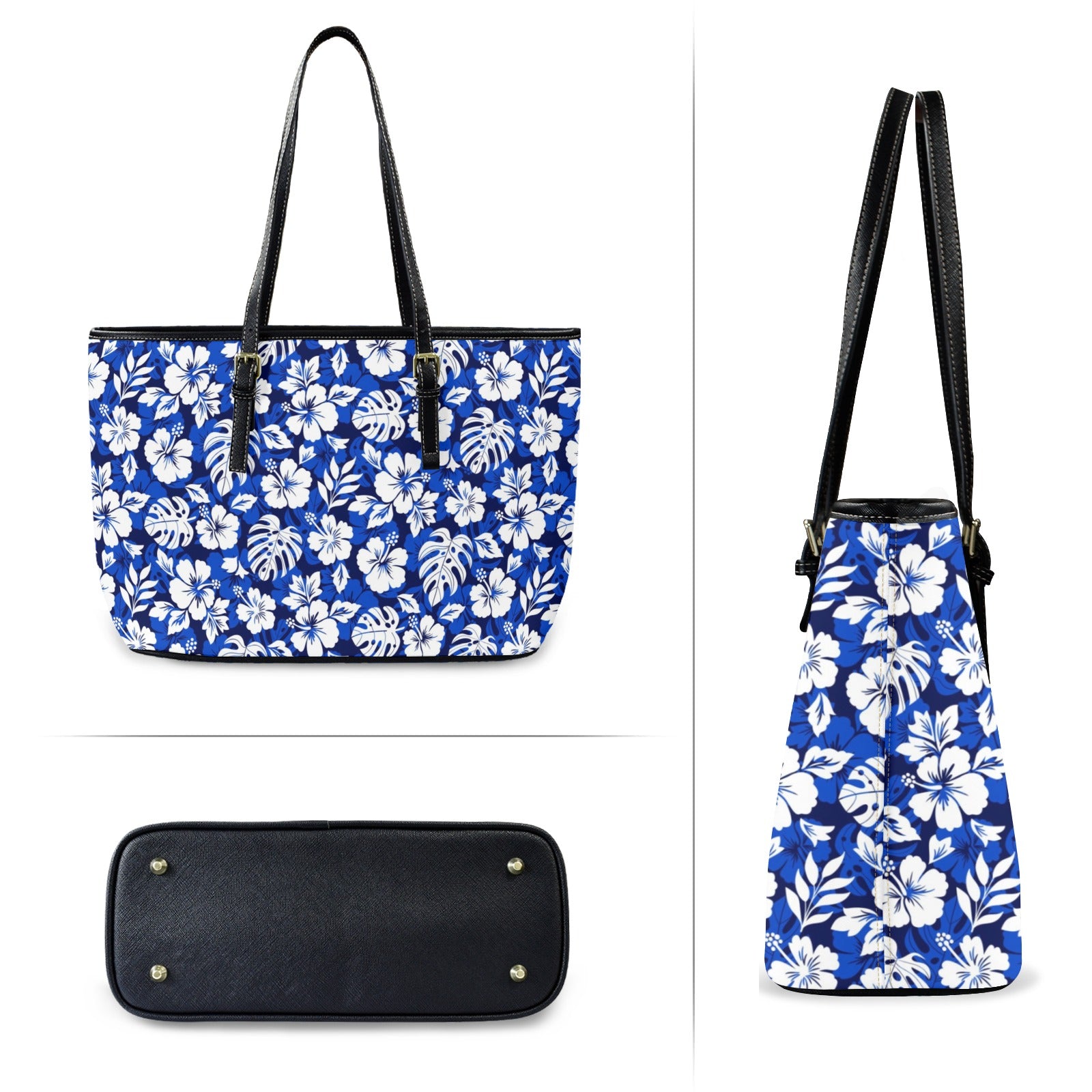 Blue Hawaiian Floral - Leather Tote Bag-Large