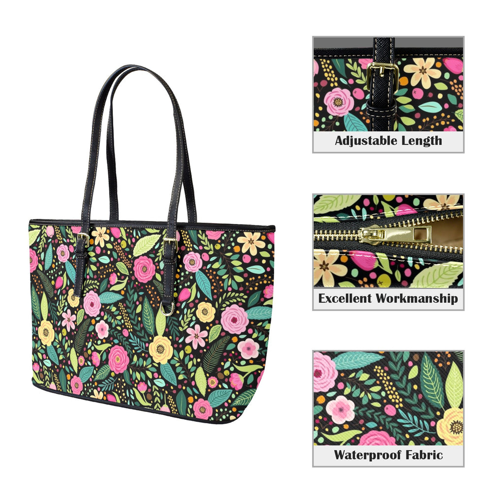 Bright Floral And Leaves PU Leather Tote Bag Large