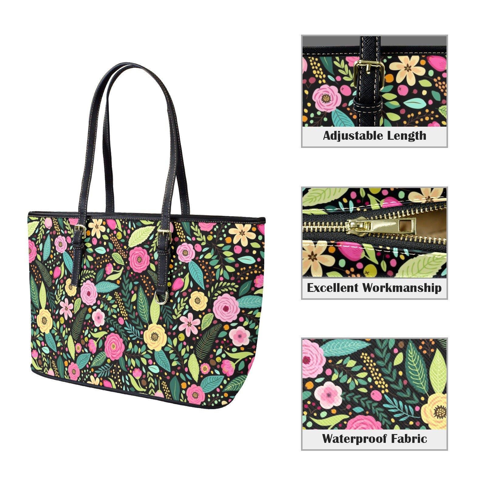 Bright Floral And Leaves PU Leather Tote Bag Large