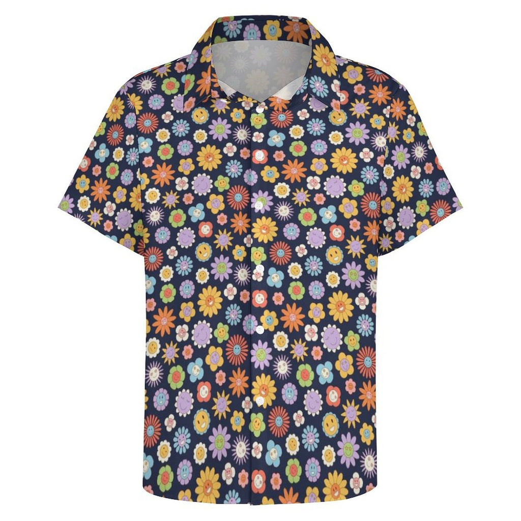 Groovy Flowers Women's Collared Pocketless Short Sleeve Shirt