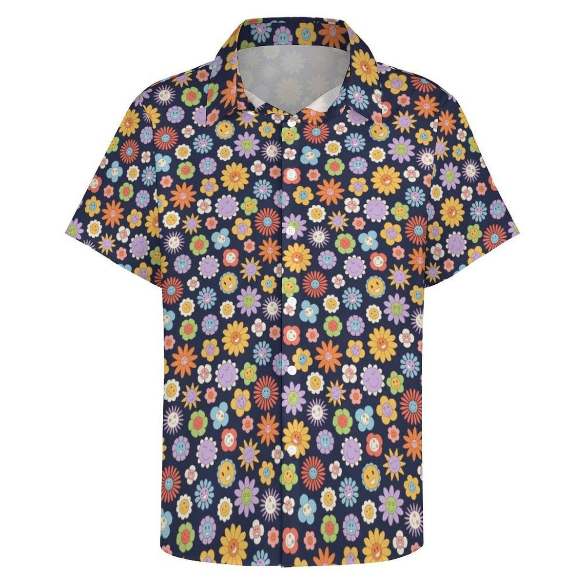 Groovy Flowers Women's Collared Pocketless Short Sleeve Shirt