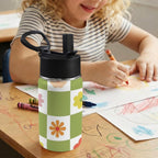 Flower Check 12oz Kids Water Bottle with Straw Lid