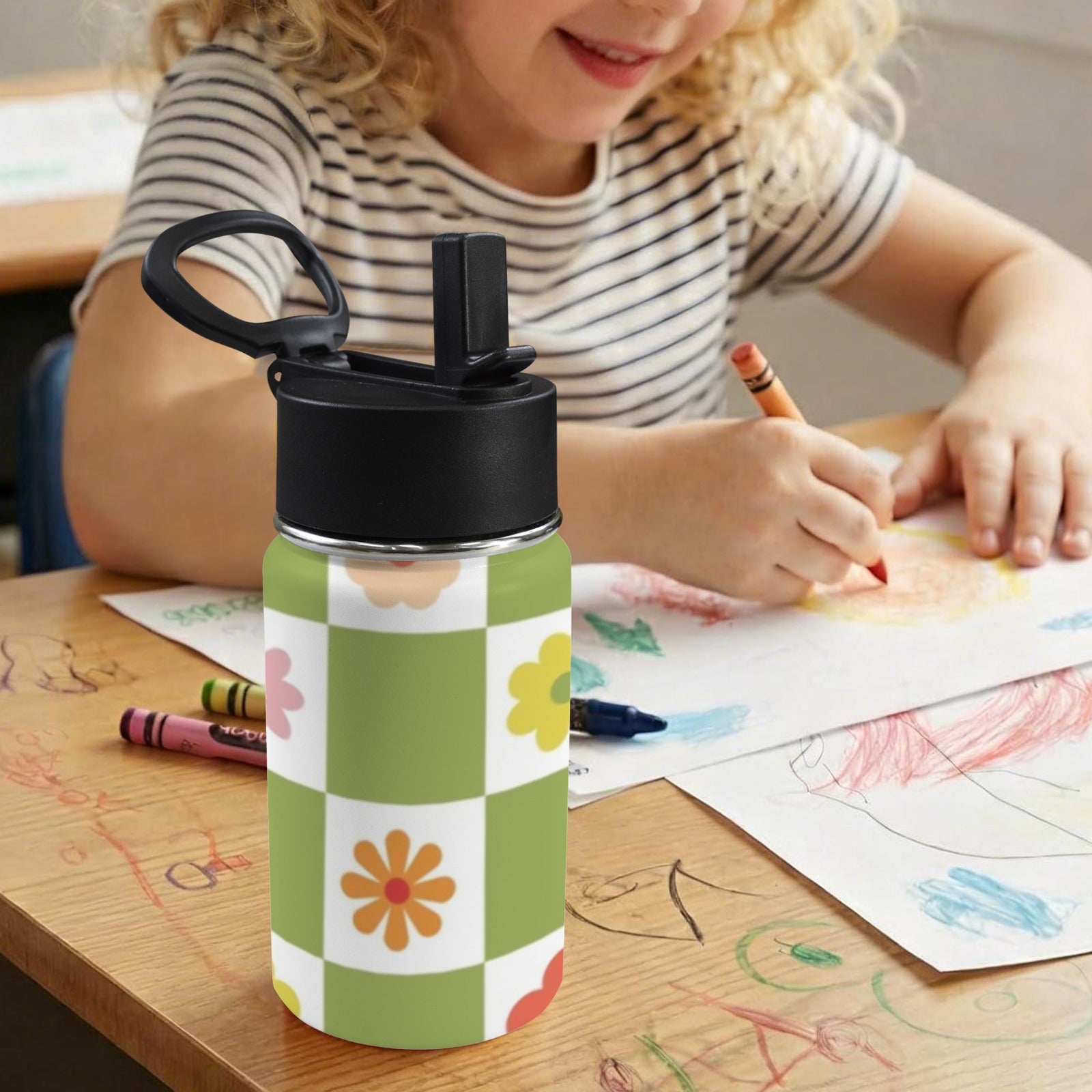 Flower Check 12oz Kids Water Bottle with Straw Lid