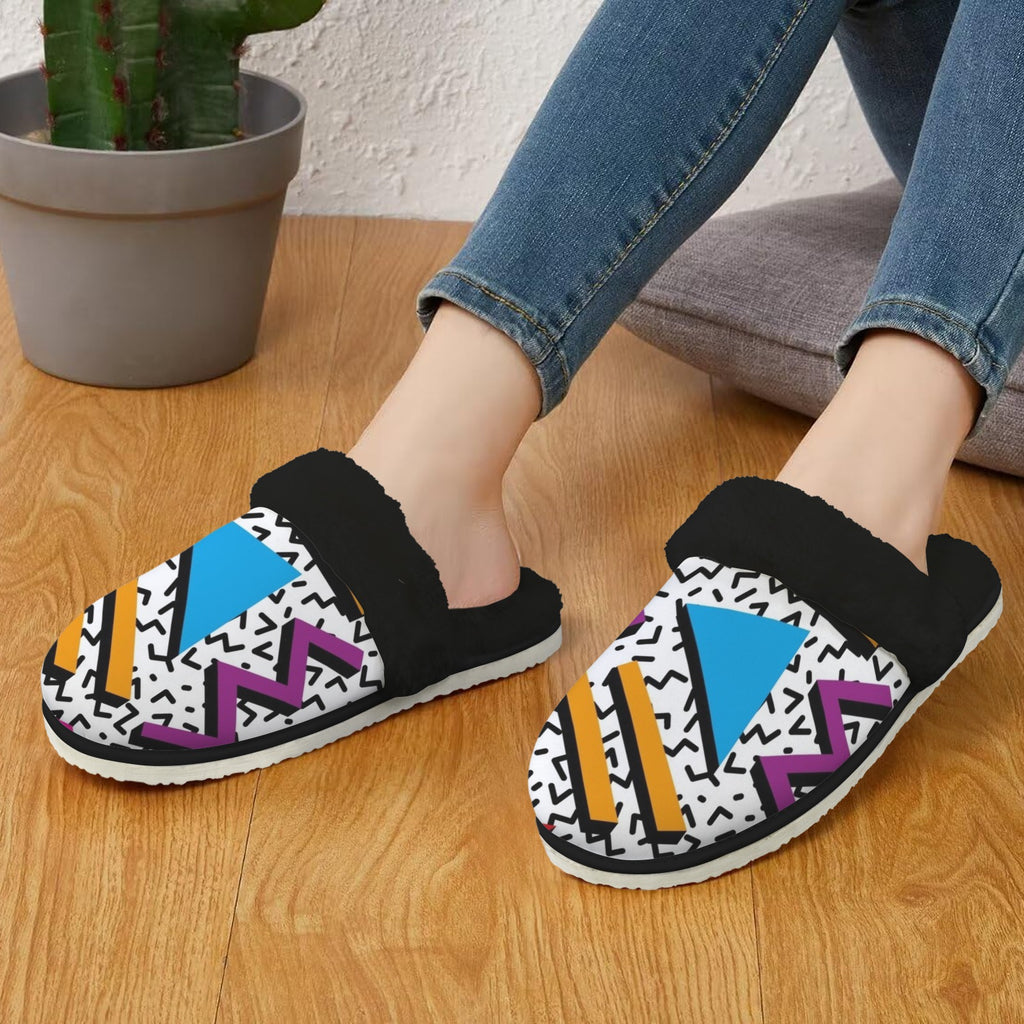 80's Abstract - Women's Fur Trim Thick-Sole Indoor Slippers Women's Fur Trimmed Slippers Printed Offshore Retro