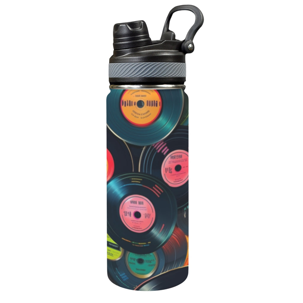 Retro Vinyl Records 2 - Insulated Water Bottle with Dual-Use Lid (18oz) One Size Insulated Water Bottle with Dual-Use Lid (18oz) Music Printed Offshore