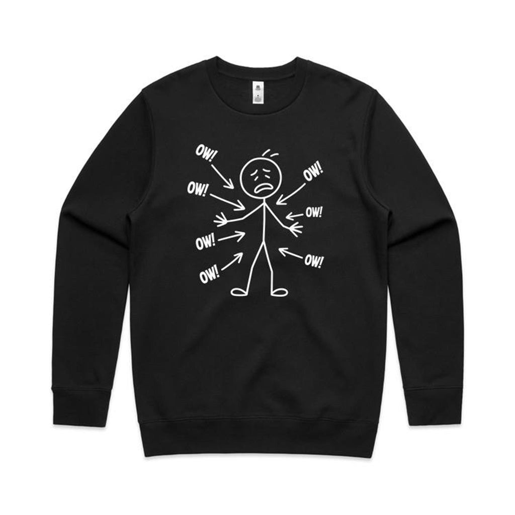 Ow! Everything Hurts Stick Figure AS Colour Stencil Crew Sweatshirt Unisex Black Sweatshirt Printed In Australia