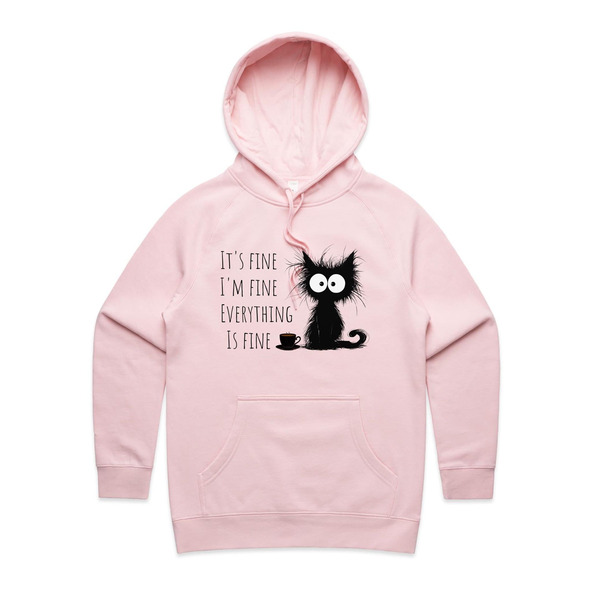 Frazzled Cat, It's Fine, I'm Fine, Everything Is Fine - Womens Hoodie Pink Womens Hoodie animal Printed In Australia
