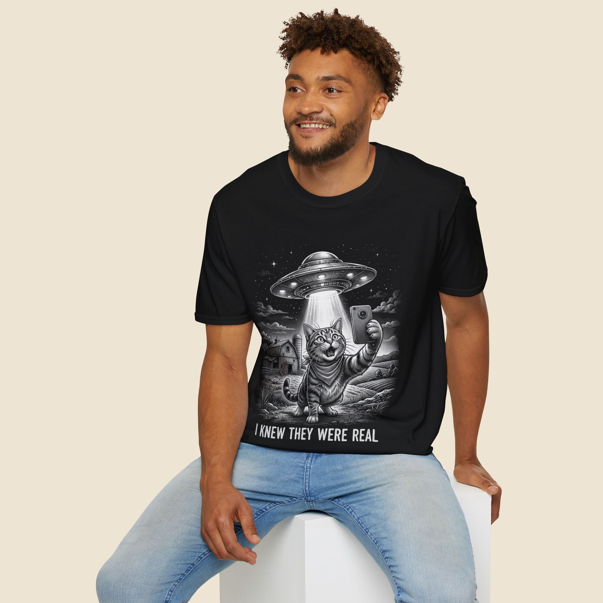 Cat Selfie Under UFO Unisex T-Shirt Unisex Adult T-shirt animal Globally Fulfilled Sci Fi