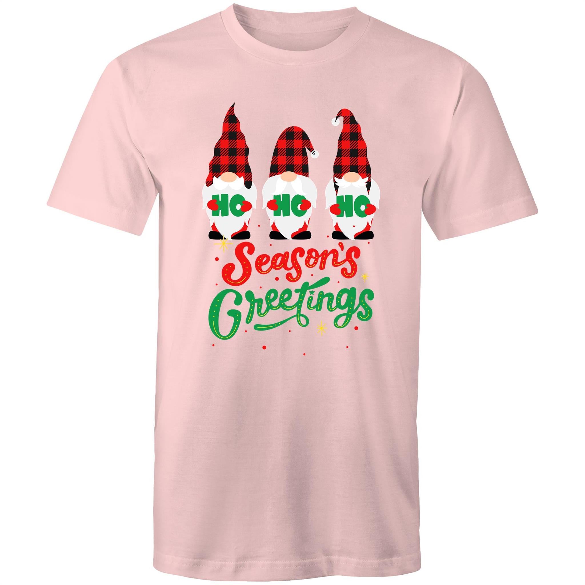 Christmas Gnomes Seasons Greetings - Mens T-Shirt Pink Mens Christmas T-shirt Christmas Printed In Australia