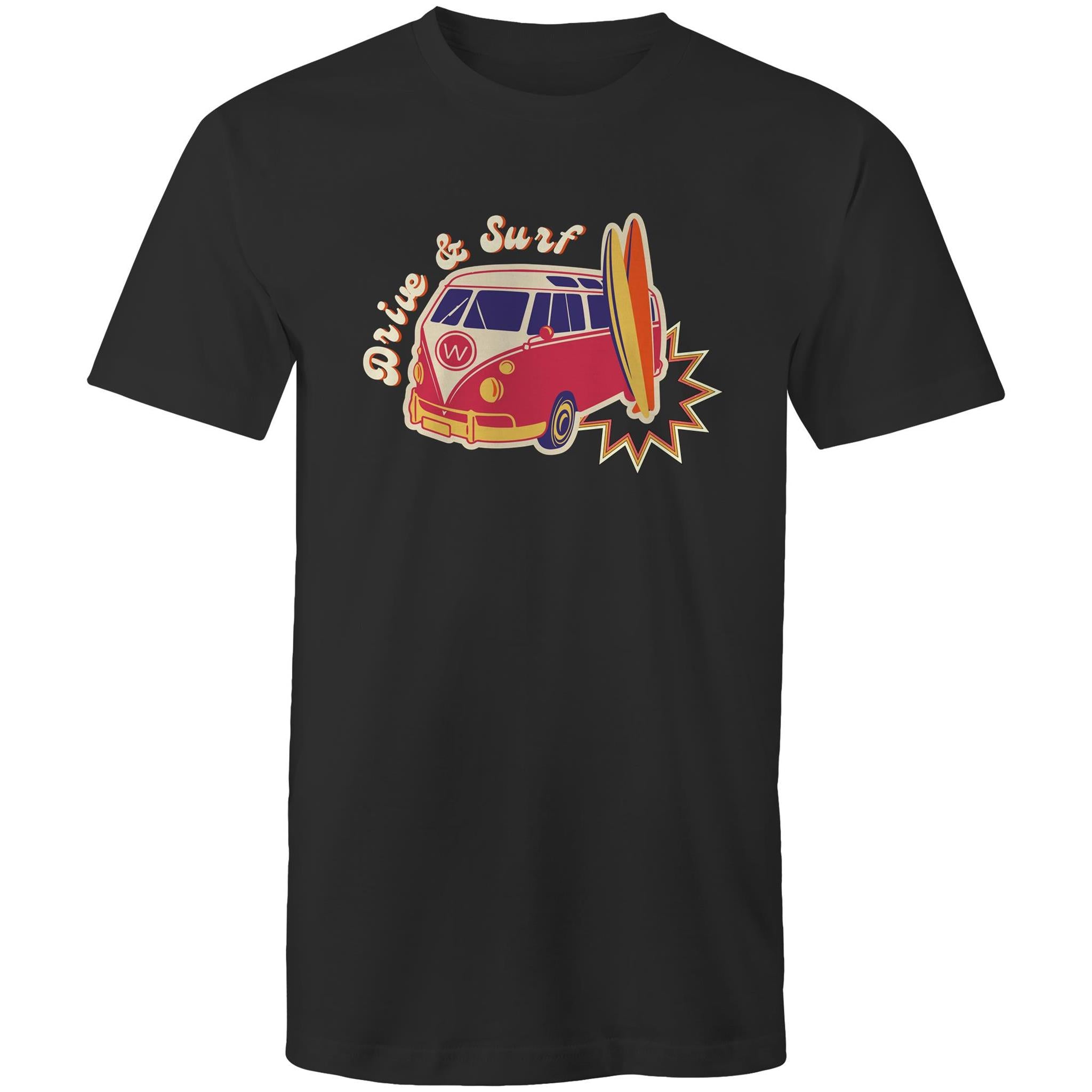 Drive And Surf - Mens T-Shirt Black Mens T-shirt Printed In Australia Summer Surf
