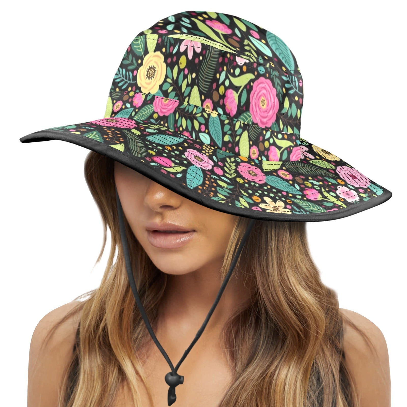 Bright Floral And Leaves Wide Brim Bucket Hat Wide Brim Bucket Hat Plants Printed Offshore