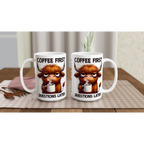 Personalise - Coffee First, Questions Later, Highland Cow - White 15oz Ceramic Mug Personalised 15oz Mug animal Coffee Globally Fulfilled