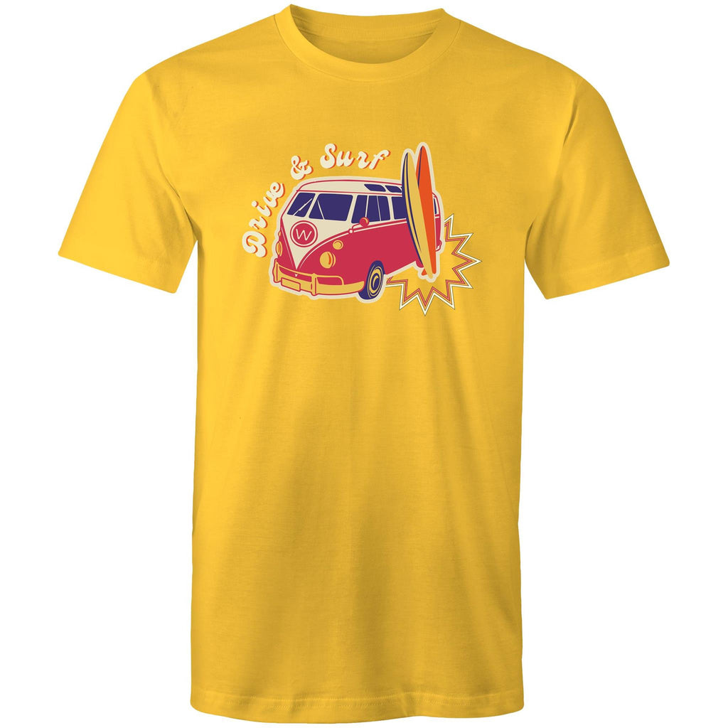 Drive And Surf - Mens T-Shirt Yellow Mens T-shirt Printed In Australia Summer Surf
