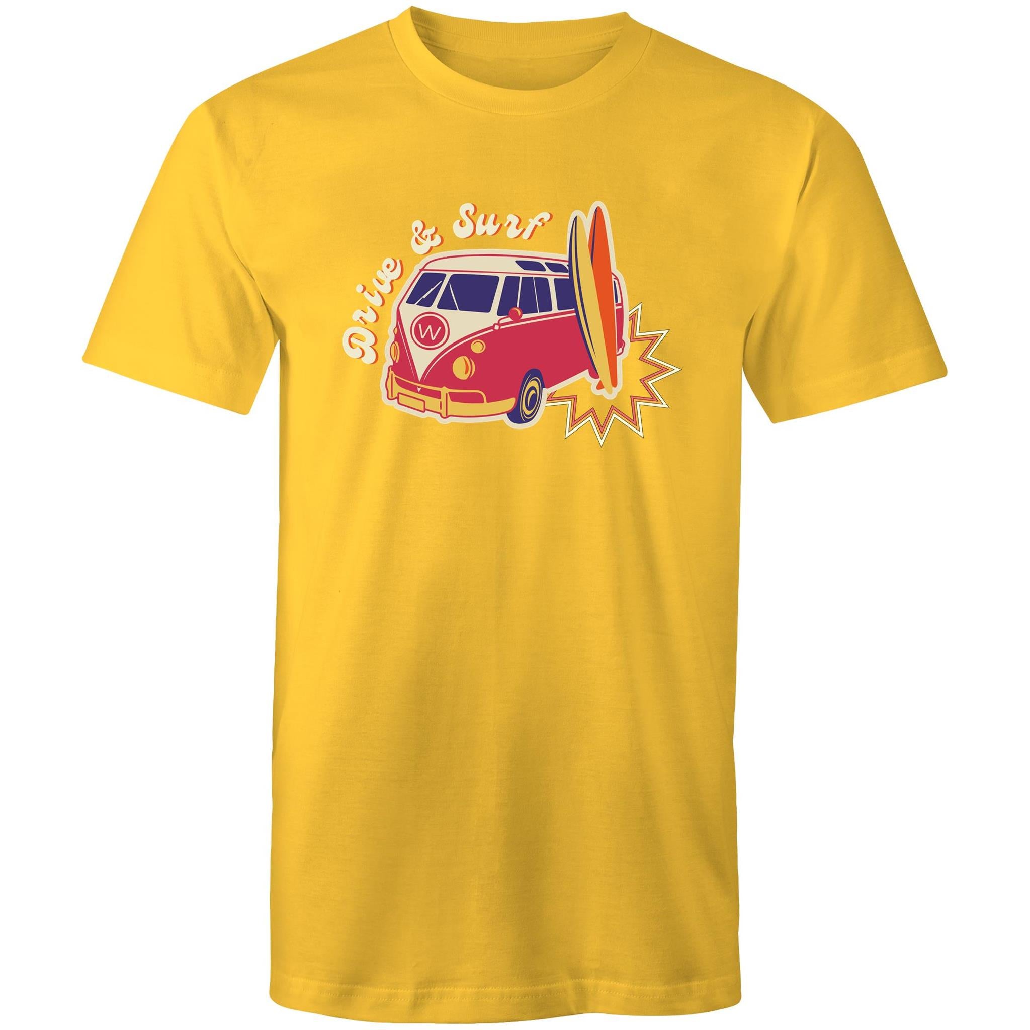 Drive And Surf - Mens T-Shirt Yellow Mens T-shirt Printed In Australia Summer Surf