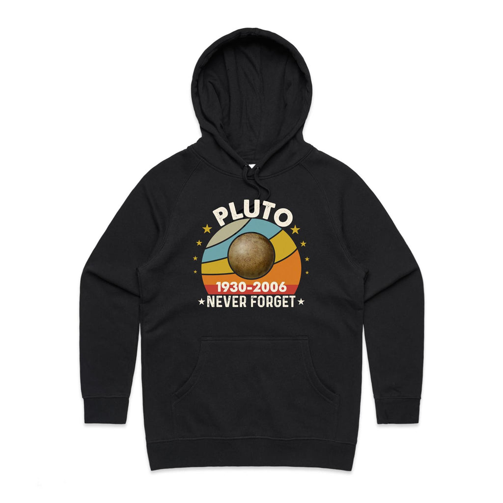 Never Forget Pluto - Womens Hoodie Black Womens Hoodie Printed In Australia Space