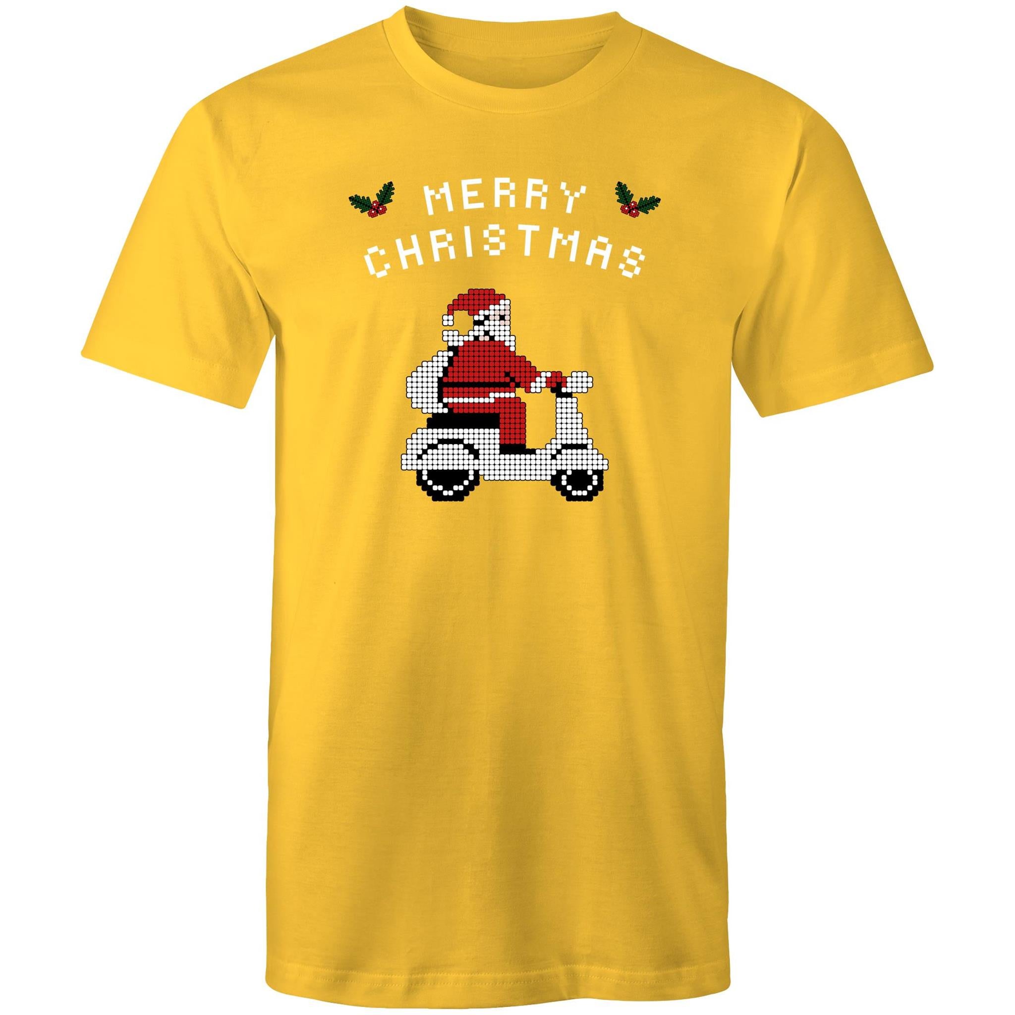 Scooter Santa - Mens T-Shirt Yellow Mens Christmas T-shirt Christmas Printed In Australia