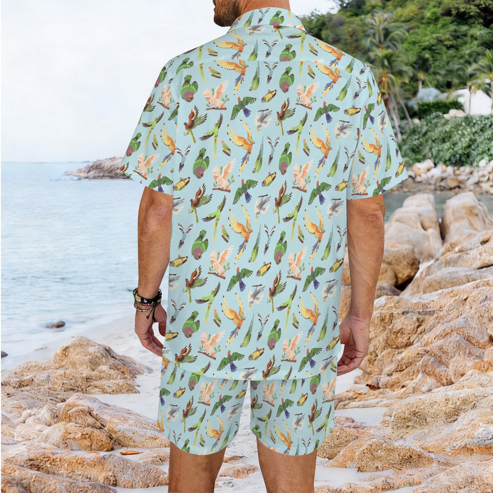 Parrots Men's Hawaiian Shirt & Shorts Set Men's Hawaiian Shirt & Shorts Set animal Birds Printed Offshore