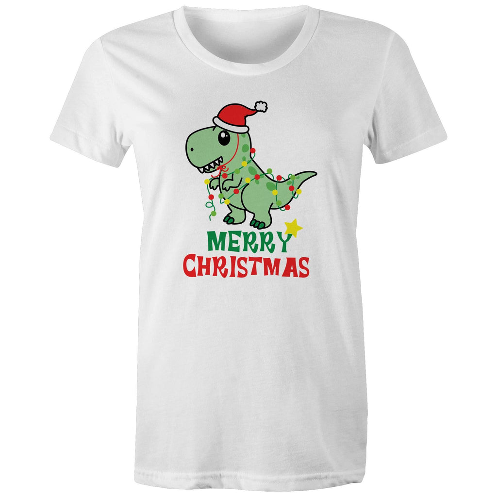 Dinosaur Santa, Merry Christmas - Womens T-shirt White Womens Christmas T-shirt Christmas Printed In Australia