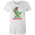 Dinosaur Santa, Merry Christmas - Womens T-shirt White Womens Christmas T-shirt Christmas Printed In Australia