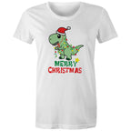 Dinosaur Santa, Merry Christmas - Womens T-shirt White Womens Christmas T-shirt Christmas Printed In Australia