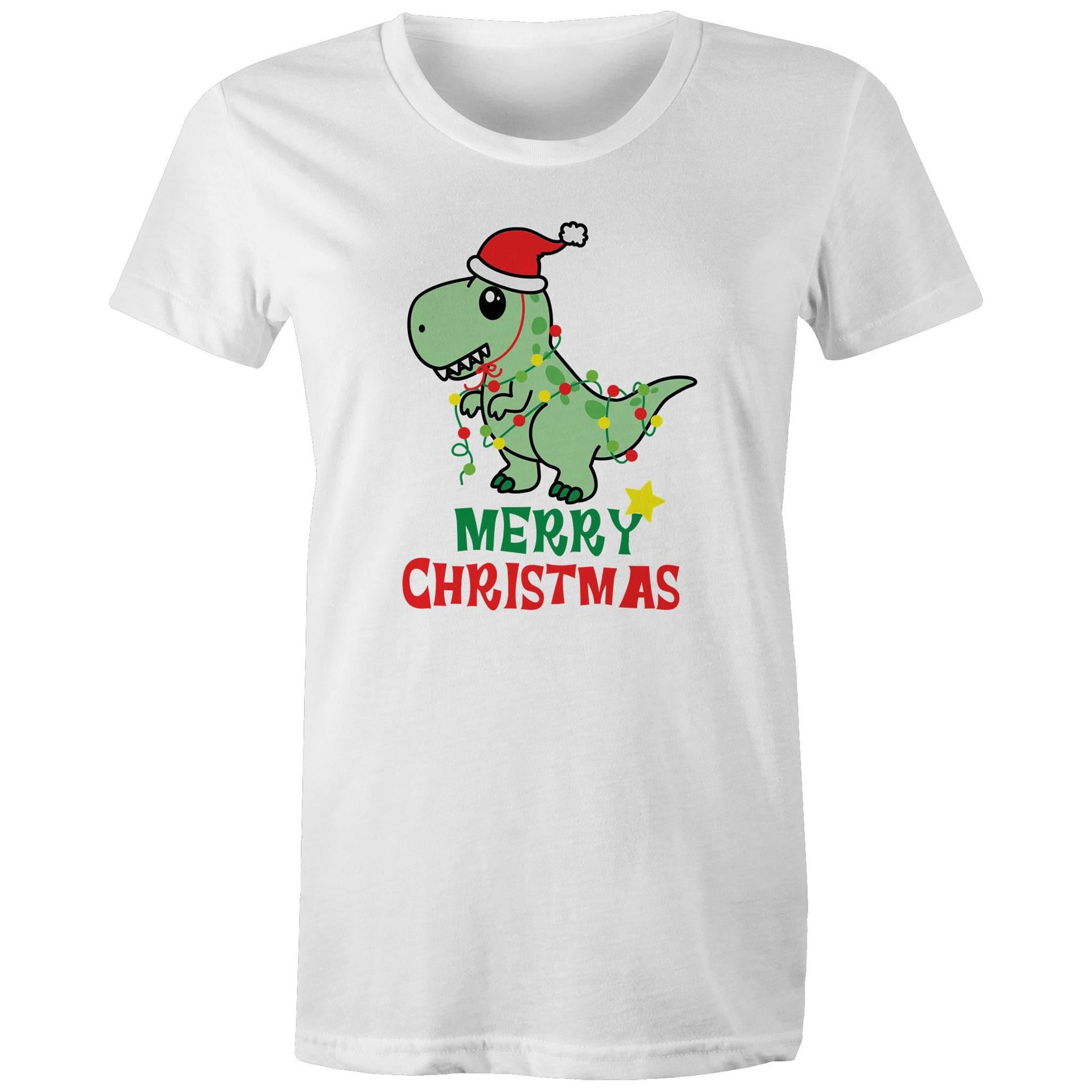 Dinosaur Santa, Merry Christmas - Womens T-shirt White Womens Christmas T-shirt Christmas Printed In Australia