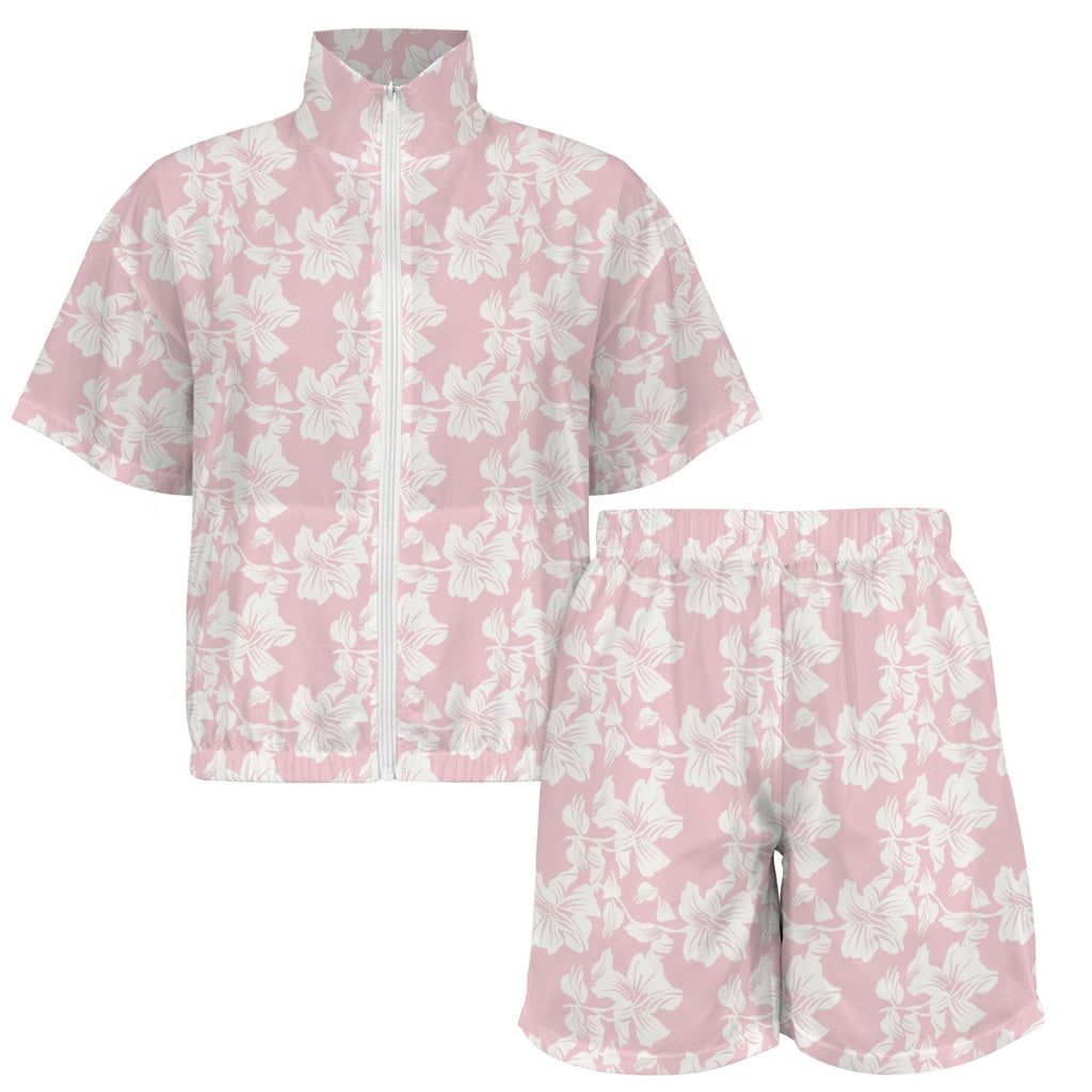 Pink Hawaiian Floral Women's Windbreaker Short Set Women's Windbreaker Short Set Plants Printed Offshore