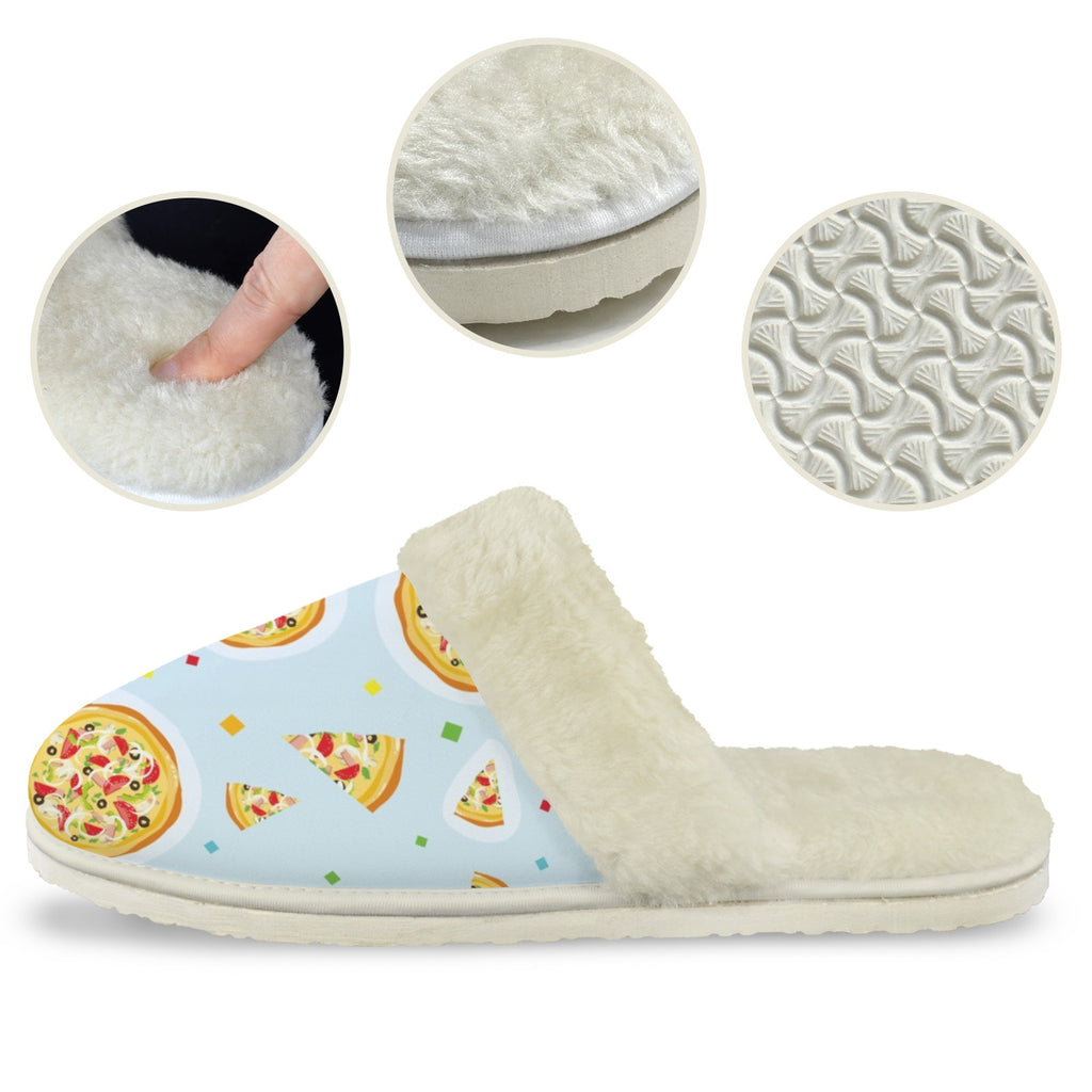 Pizzas On Blue Women's Fur Trim Thick-Sole Indoor Slippers Women's Fur Trimmed Slippers Food Printed Offshore