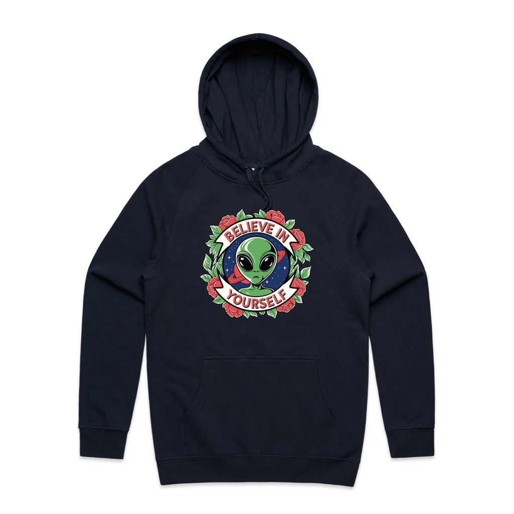 Believe In Yourself, Alien - Mens Hoodie Navy Mens Hoodie Motivation Positivity Printed In Australia Sci Fi