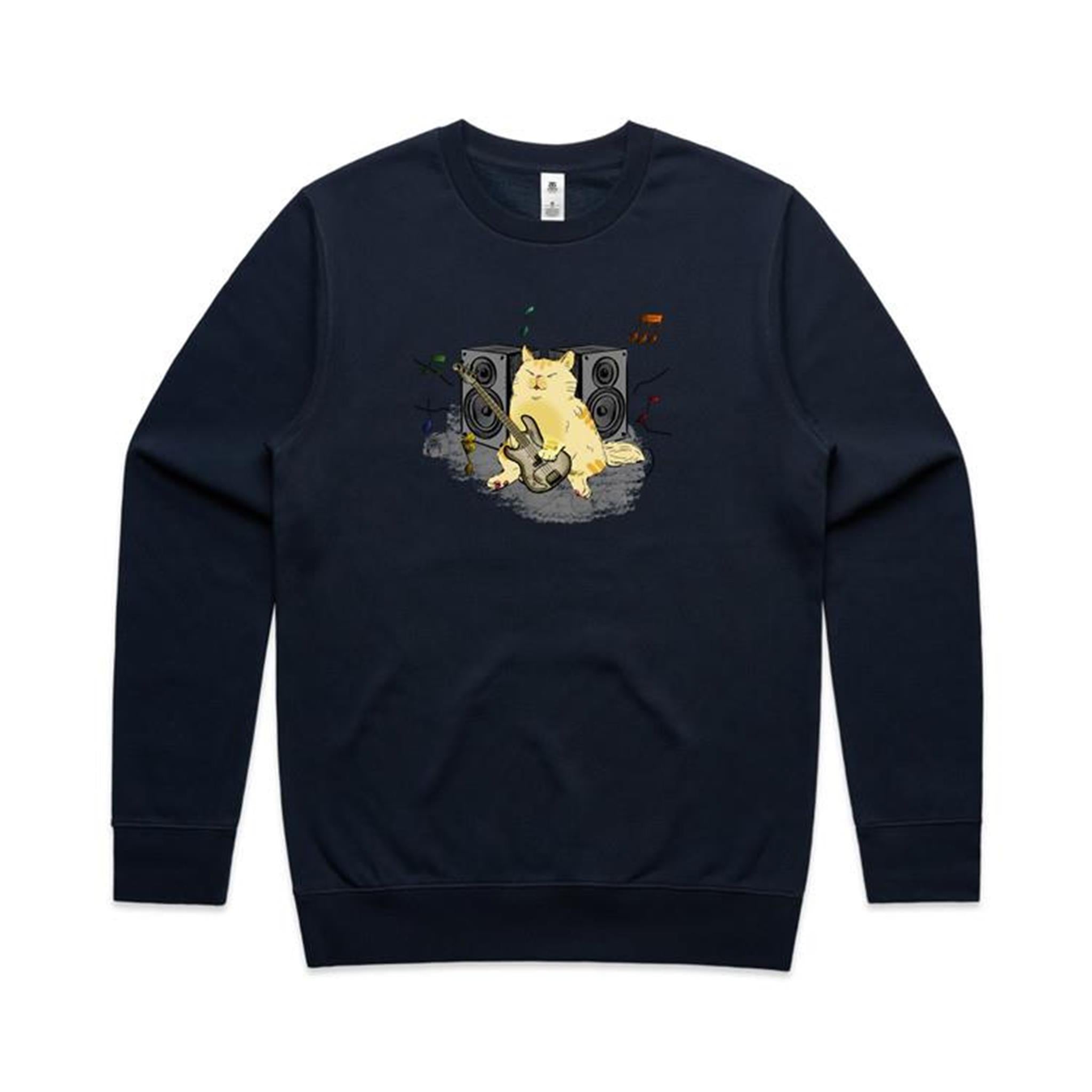 Cat Bass Player - AS Colour Stencil Crew Navy Sweatshirt animal Music Printed In Australia