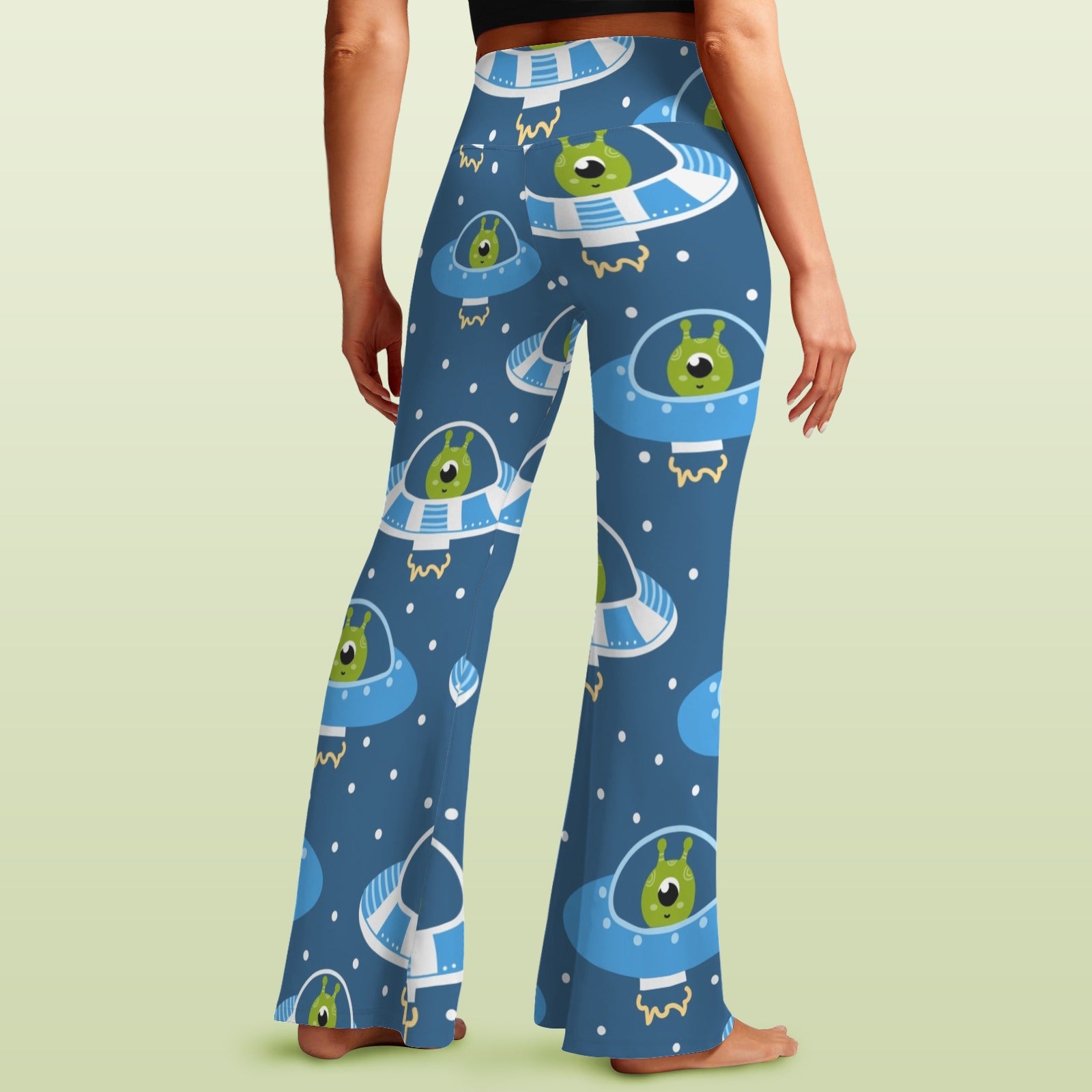 Cute Aliens in UFOs - High Waist Crossover Tummy Control Flare Leggings High Waist Flare Leggings Printed Offshore Sci Fi