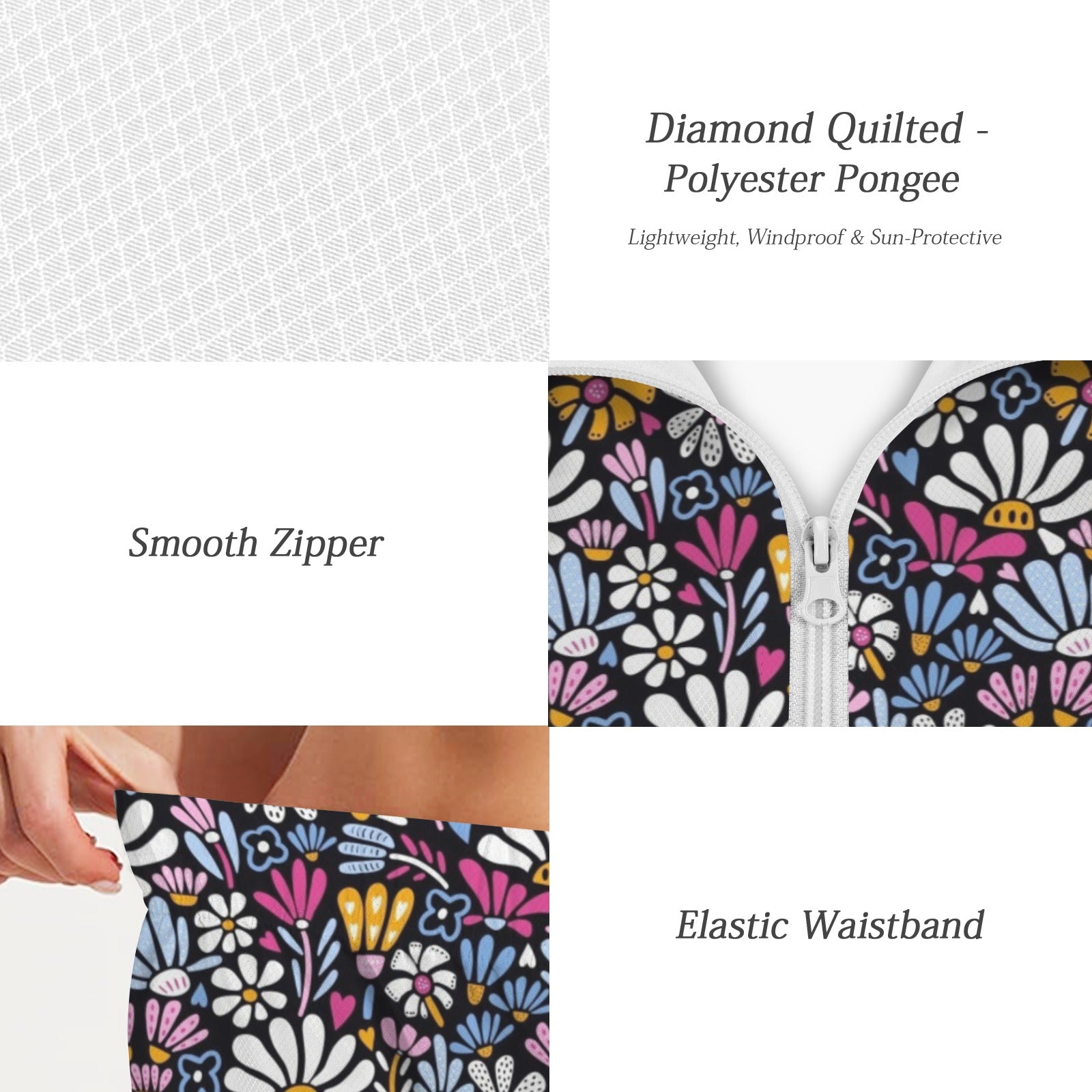 Graphic Flowers On Black Women's Windbreaker Short Set Women's Windbreaker Short Set Plants Printed Offshore