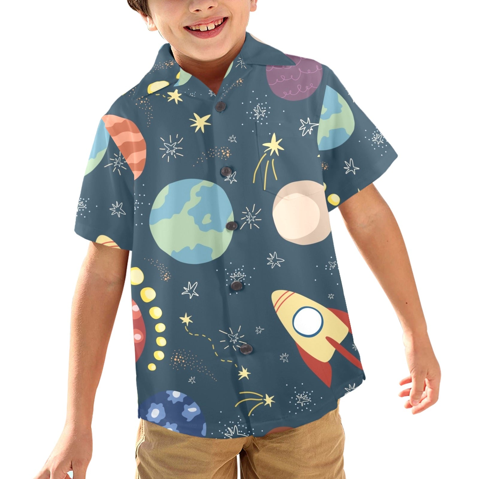 Rocket and Planets In Space - Junior Kids Hawaiian Shirt