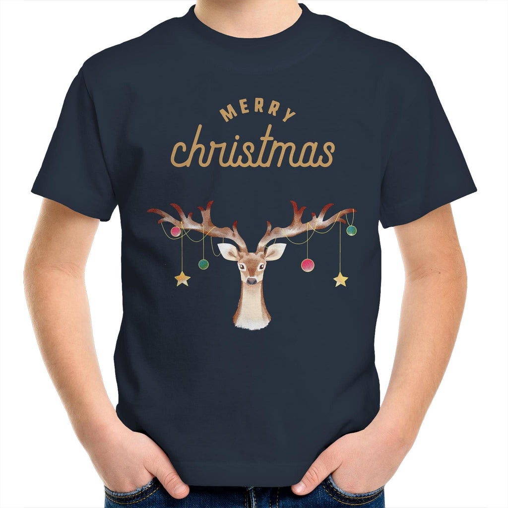 Merry Christmas Reindeer - Kids Youth T-Shirt Navy Kids Christmas T-shirt Christmas Printed In Australia