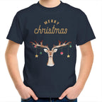Merry Christmas Reindeer - Kids Youth T-Shirt Navy Kids Christmas T-shirt Christmas Printed In Australia