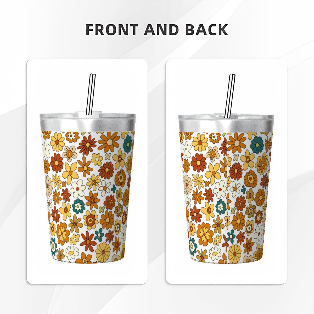 70's Style Floral Small Stainless Steel Travel Mug Cup 12oz/350ml