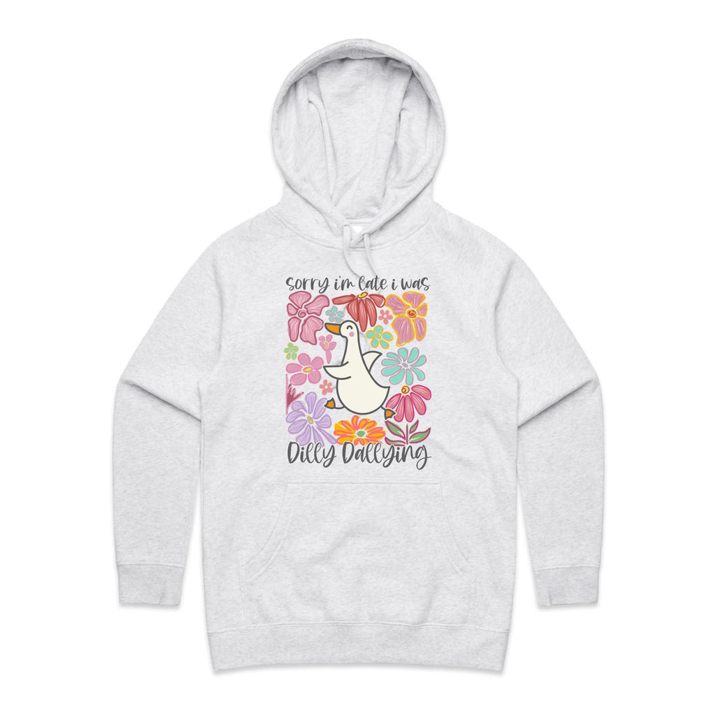 Sorry I'm Late, I Was Dilly Dallying - Womens Hoodie White Marle Womens Hoodie animal Printed In Australia
