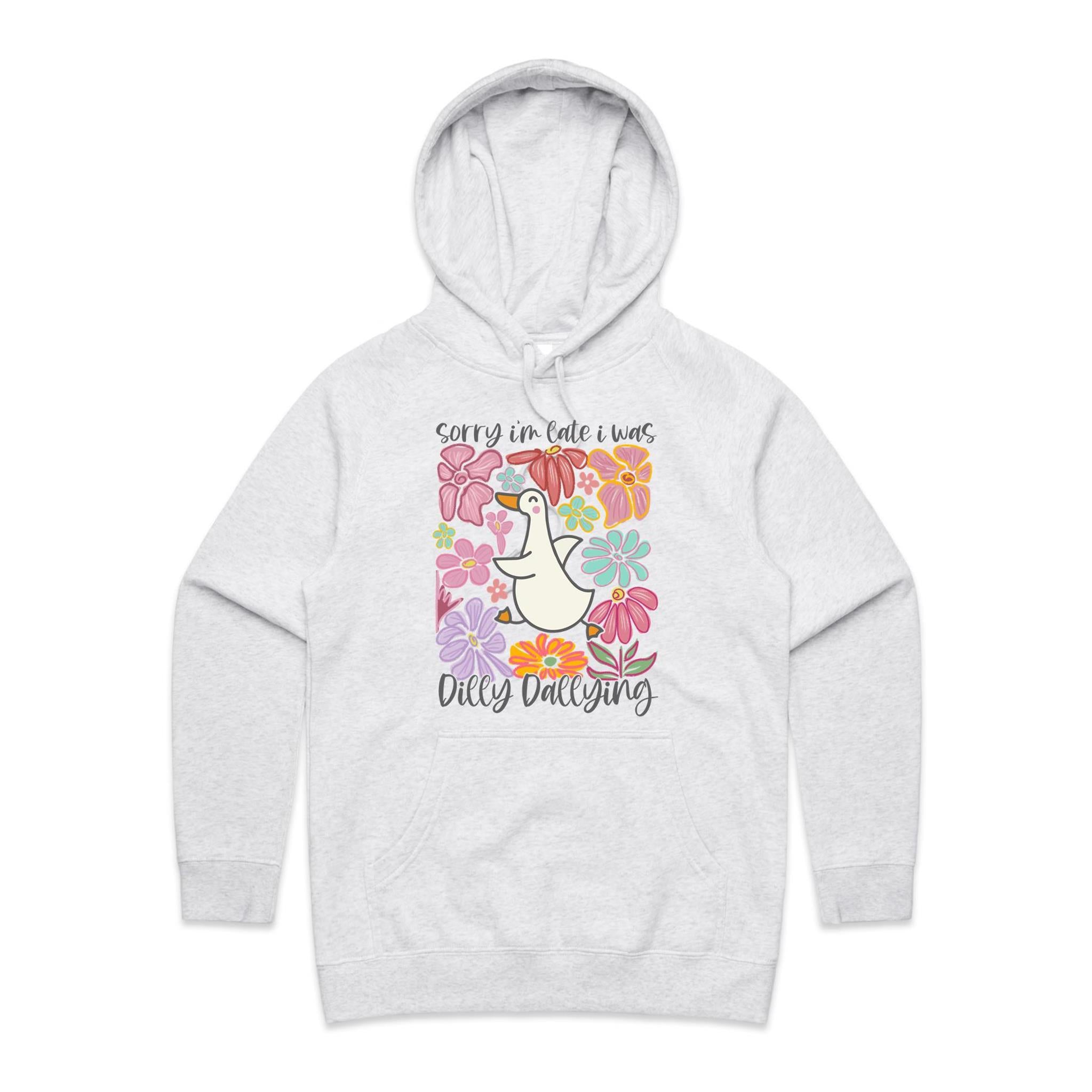 Sorry I'm Late, I Was Dilly Dallying - Womens Hoodie White Marle Womens Hoodie animal Printed In Australia