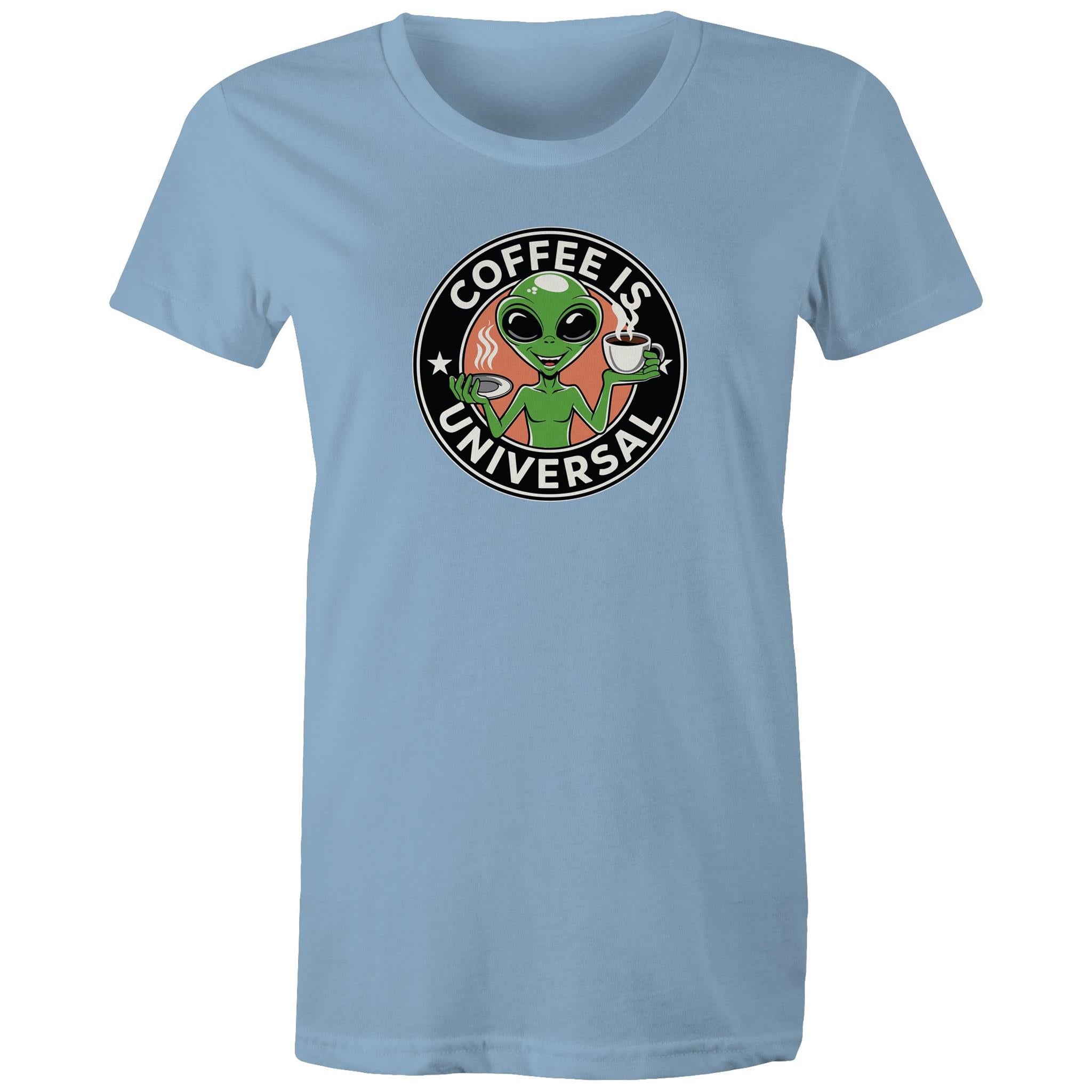 Coffee Is Universal, Alien - Womens T-shirt Carolina Blue Womens T-shirt Coffee Printed In Australia Sci Fi