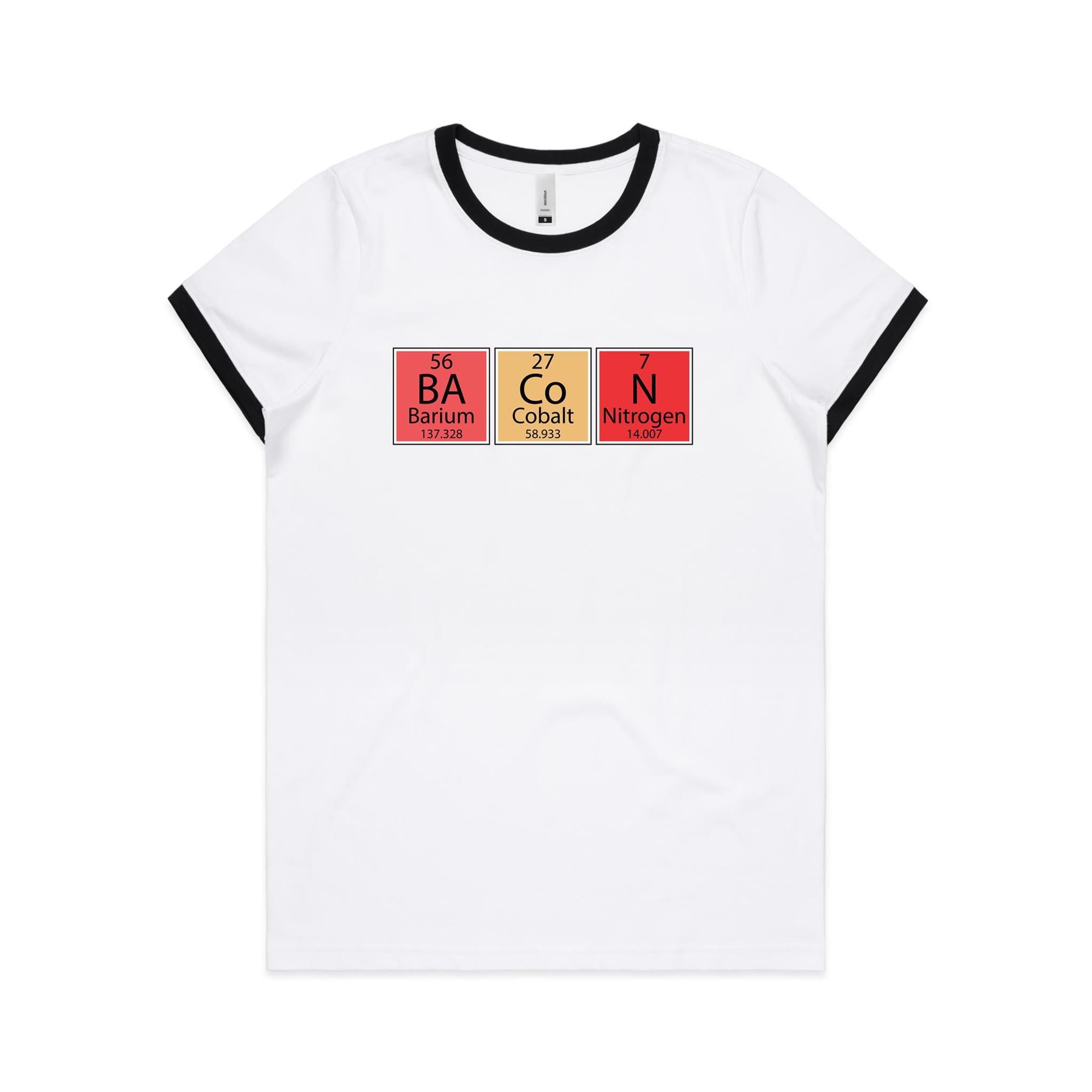 Bacon Periodic Table - Women's Ringer Tee White Black Womens Ringer T-shirt Food Printed In Australia Science