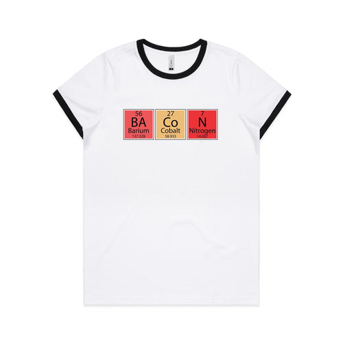 Bacon Periodic Table - Women's Ringer Tee White Black Womens Ringer T-shirt Food Printed In Australia Science