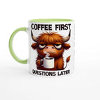 Personalise - Coffee First, Questions Later, Highland Cow - 11oz Ceramic Mug Ceramic Green Personalised 11oz Mug animal Coffee Globally Fulfilled